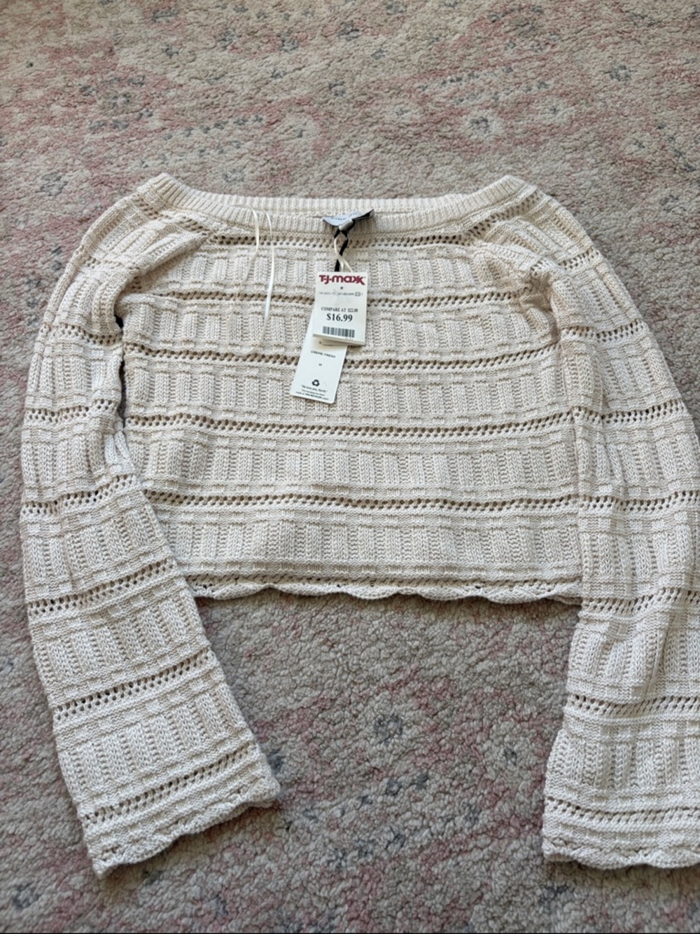 T.J.Maxx Cream Open-Knit Off-the-Shoulder Cropped Sweater